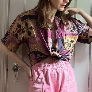 PS Vintage 100% Silk Short Sleeved Button Down Shirt Blouse Purple Patterned Top